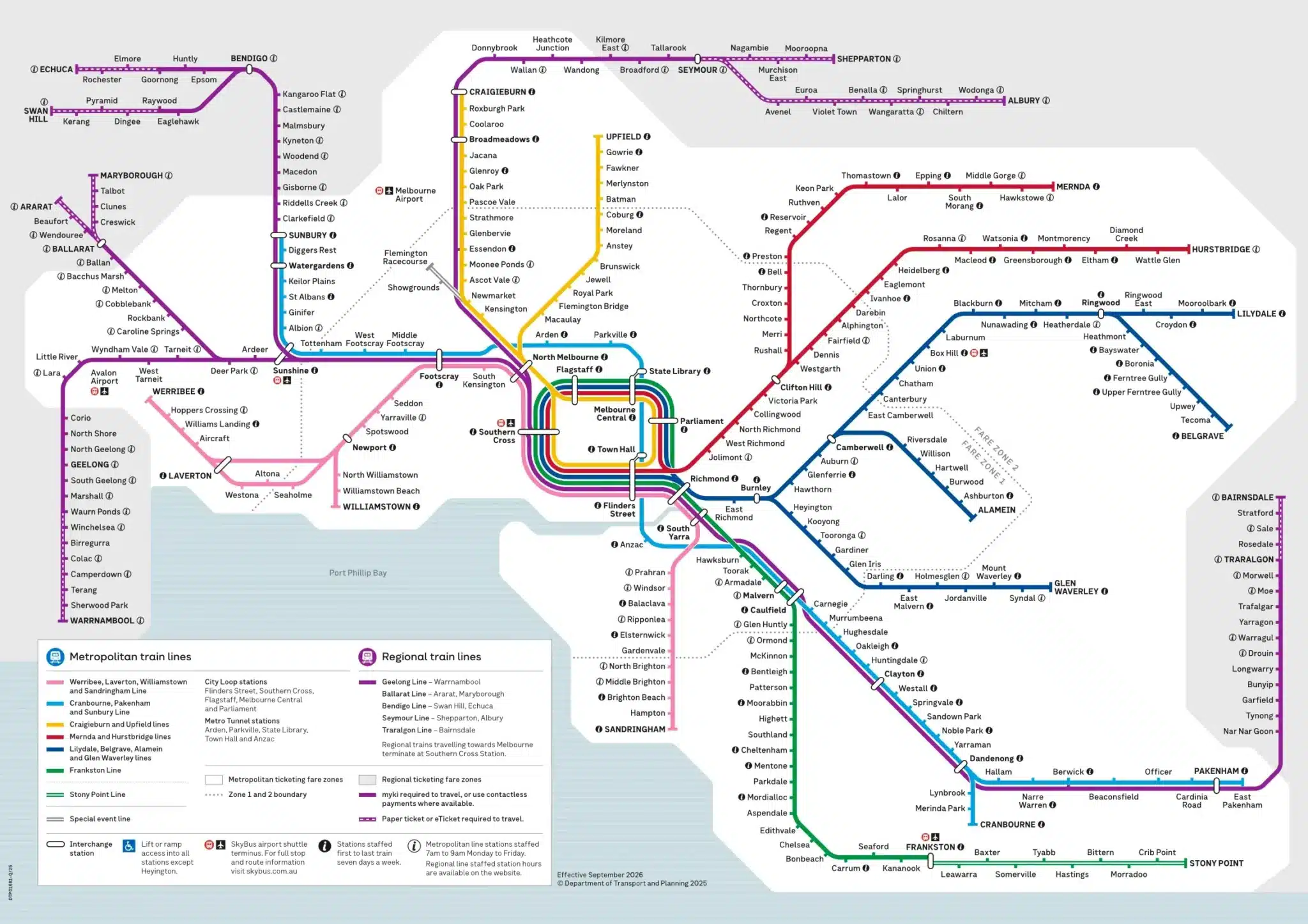 Melbourne Metro train network map — Metro Trains Melbourne metropolitan and regional lines, City Loop and Metro Tunnel